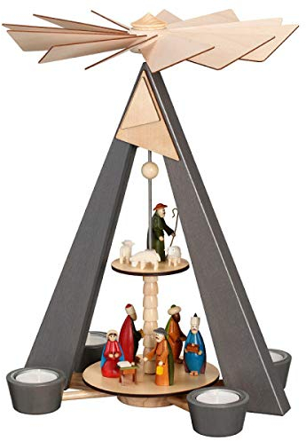 Rudolphs Schatzkiste Tealight pyramid grey (2 levels) of Christ's birth, colourful W x H x D 27 x 38 x 22 cm Christmas pyramid wooden pyramid table pyramid