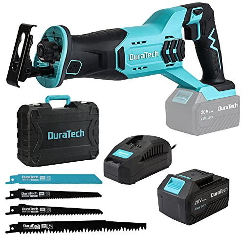 DURATECH Akku Säbelsäge 20V Akku-Universalsäge Schnurlose Reciprosäge mit 4 Sägeblätter und 4,0 Ah Batterie 0-3000 U/min, Hublänge 22mm, Schneiden für Metall/Holz/PVC-Rohr/Baumschnitt