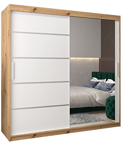 MEBLE KRYSPOL Kleiderschrank mit Spiegel Verona 2 - Garderobenschrank - Schrank Schlafzimmer - Mehrzweckschrank Zwei Schiebetüren - Regalen - Flur Möbel - Kleiderstange Schrank - Allzweckschrank