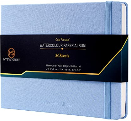 A5 Watercolour Pad Cold Pressed Sketch Book Linen Fabric Hardcover Thread Sewn Binding (Upgraded Binding) Album 140lb (300gsm) 100% Cotton Ivory Colour Paper Sketchbook 24 Sheets - Sky Blue Cover