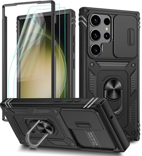 Pilaru 3 in 1 for Samsung S23 Ultra Case | With Front Frame | [Separate] 2 Screen Protectors & Kickstand Ring & Camera Cover Military Grade Drop Shockproof Protection for Galaxy S23 Ultra,Black