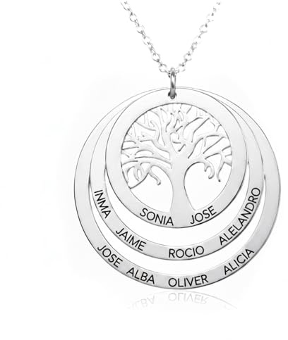 MI JOYA PERSONALIZADA - Collar Arbol de la Vida Personalizado - hasta 3 Aros con Nombres Grabados Familia - Regalo Perfecto Dia de la Madre (Collar árbol + 2 aros)