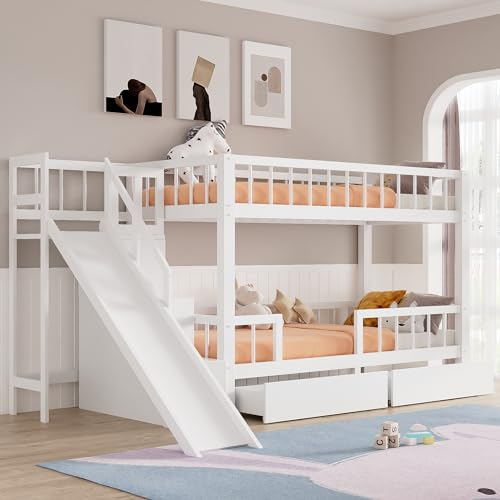 Etagenbett 90x200 mit 2 Schubladen, Rutsche und Stauraumleiter, Kinderbett Hochbett für 2 Kinder, Kinder Bett mit Rausfallschutz und Lattenrost, Holzbett Stockbett Funktionsbett, Massivholz, Weiß