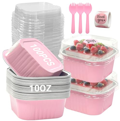 ylnurac 100 Pack 10oz Mini Cake Pans With Lids, Aluminum Foil Square Brownie Baking Cups,Disposable 4”x4” Large Cupcake Pan,Jumbo Muffin Tin Ramekins Holders-Pink