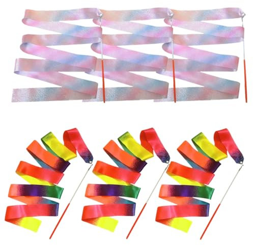 IKOPFLN 6 Stück Tanzband mit Stab Kinder, Turnen Zubehör, Gymnastikbänder, Tanzband für künstlerisches Tanztraining und Party