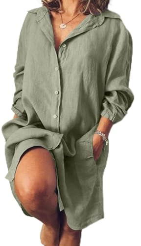 Generisch 2025 Vestido camisero de algodón y lino para mujer, vestidos casuales, holgados, maxi vestidos sexy, verde, XXL