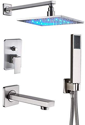 IUBGFTO Ducha de níquel Cepillado, Cabezal de Ducha de Lluvia LED, Juego de Grifo de Ducha de baño, válvula de Control de latón de 3 vías, Grifo Mezclador de Ducha de baño (8 Pulgadas A)