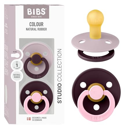 BIBS Colour Studio Soother 2-Pack, BPA Free Dummy Pacifier, Round Nipple. Natural Rubber Latex, Made in Denmark, Size 1 (0-6 Months) - Dusky Lilac/Plum