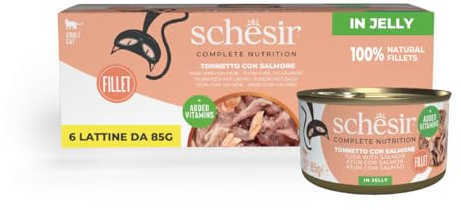 Schesir, Atún con Salmón en Gelatina, Comida Húmeda Completa para Gatos, en Lata, con Vitaminas Añadidas, 100% Natural, 6 x 85 g