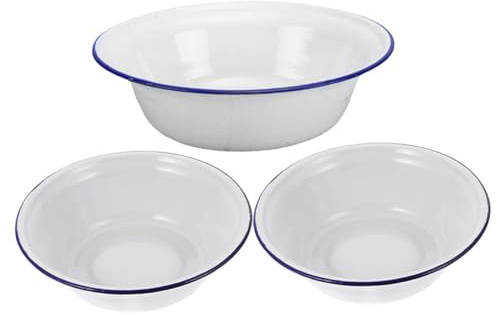 UKCOCO Ciotola Smaltata Vintage 16cm Bianca Profonda in Smalto Sicuro, Ciotola Per Mescolare e Insalatiera Multifunzione, Set Da 3 Pezzi Per Cucina, Picnic e Uso Esterno