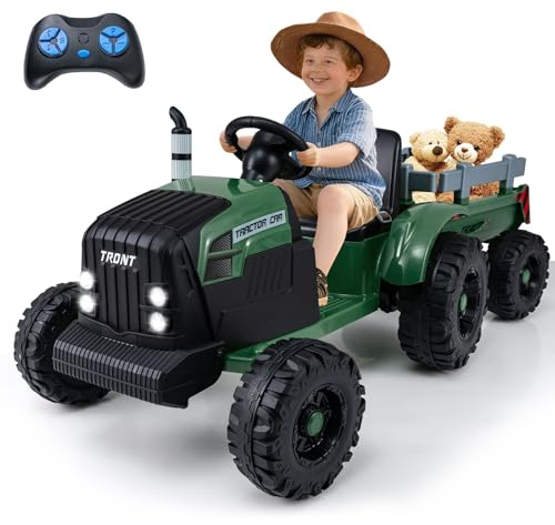 COSTWAY Elektrisk traktor med släpvagn, 24 V elektrisk sitttraktor inklusive fjärrkontroll, barntraktor med musik, USB, mjuk start och LED-lampor, eltraktor för barn från 3 år (mörkgrön)