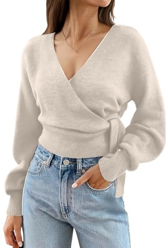 Women's Cropped V Neck Knitted Jumpers Wrap Front Long Sleeve Tie Waist Top Soft Knit Pullover for Casual Daily Wear Loose Fit Fashion Blouse Fashion Ceremony Sweater Everyday Outings M Beige