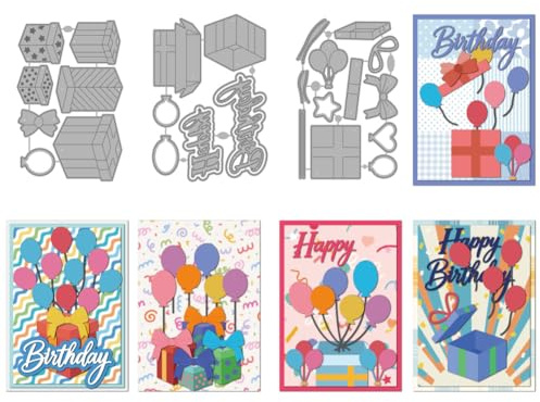 MAYJOYDIY Coffrets Cadeaux 3D en Métal à Découper Noeuds Ballons Poinçons de Découpe Texte Joyeux Anniversaire Gabarit de Gaufrage Poinçons pour Création de Cartes Album Scrapbooking Décoration