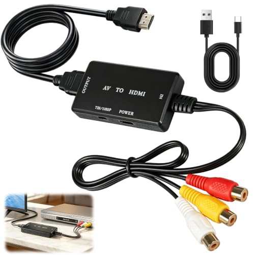 Convertidor RCA a HDMI, 1080P Adaptador Convertidor AV a HDMI para TV PC PS2 PS3 Wii Xbox VHS VCR DVD Mini Cable CVBS Compuesto de Audio y Vídeo Compatible con PAL/NTSC Plug and Play Negro