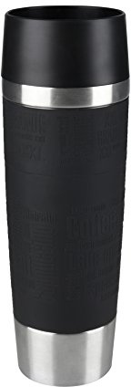 Tefal K3081214 Travel Mug Grande, Wiederverwendbare Trinkflasche to go, Quick Press Verschluss, Schwarze Silikon-Flaschenhülle, 500 ml