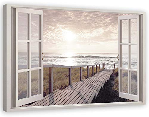 Feeby Leinwand Bilder - Bild Wohnzimmer - Fensterblick Holzsteg Meer Beige - 120x80 cm XXL 1tlg - Deko Schlafzimmer Groß - Dekoration Canvas - Gemälde - Modern Wandbilder - Kunstdruck