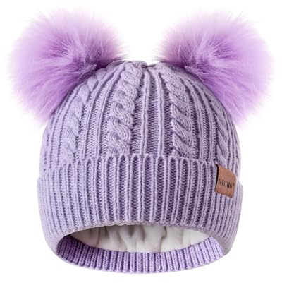 Winter Hat for Kids Toddler Children, Girls Beanie with Double Pom Pom Warm Thick Thermal Fleece Lined, Girls Accessories Cute Knit Beanies Cap for Cold Weather(Purple)