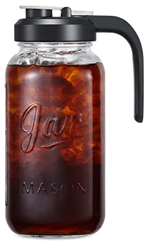2 Quart Glass Pitcher with Lid - Airtight & Leakproof Mason Jar Pitcher with Filter Lid, Wide Mouth Glass Jar, Heavy Duty Glass Container for Water, Juice, Milk, Tea, Iced Coffee, and Drinks