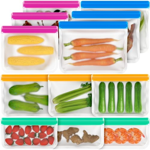 Septeamay 12 Pack Reusable Freezer Bags, BPA Free Food Bags Zip Seal For Keeping Lunch, Sandwich, Snacks, Fruit, Vegetables,Soup, Meat,Grains Fresh Clear Silicone Leakproof Food Storage Bags - 4 Sizes
