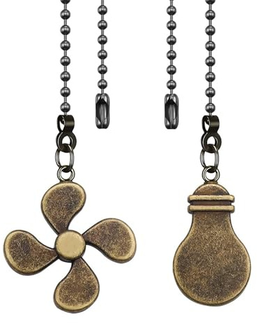 Dotlite 2Pack Metal Ceiling Fan Pull Chain, 12inch Fan and Bulb Pattern Ornaments Cord Extension, 3mm Ball Chain Pull Pendant Extender with Connector, Bronze