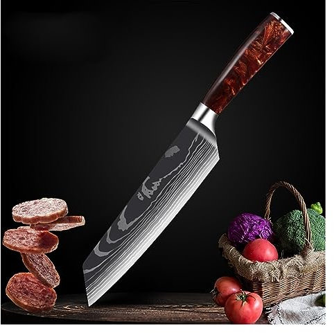 Damaskus kockkniv japansk lax sashimi kniv rött hartshandtag Santoku kniv kökskniv matlagningskniv