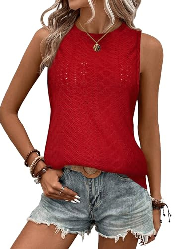 Zeagoo Debardeur Femme Chic et Élégant Été Tank Top Lâche Chemise Oeillet Broderie Camisole Mode Casual Cami Tops Bordeaux S