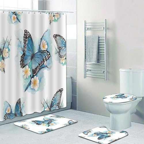Badezimmermatte Schmetterling Weiße Blume Bad Teppiche Set 3 Teilig,rutschfeste Bath Mat(50x80cm)+U-Typ Wasseraufnahme Badmatte+Schnelltrocknend Badematte Teppich