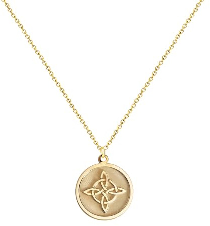 cotigo Collar colgante Nudo de bruja de Acero inoxidable o de hilo + una pulsera de 7 nudos (gratis), nudo de bruja doble proteccion, Amuletos de suerte, bisutería para mujer. (DORADO REDONDO)