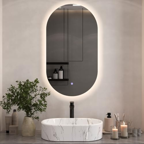 Planetmöbel Espejo con iluminación 50 x 90 cm - Espejo sin marco - 2 niveles de luz (4000-4200 K) - Con interruptor táctil - Espejo de pared moderno para baño, pasillo o armario