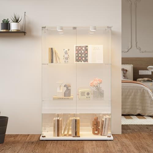 Vetrina in Vetro con LED, Armadio in Vetro da Esposizione con 2 Ante 3 Ripiani e Serratura Vetrinetta per Collezionismo Vetrina Soggiorno Moderna per Bar, Centri Commerciali (Bianco, luce a tocco)