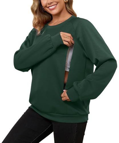 DEBELLY Breastfeeding Sweater Women Unique Dual Zipper Nursing Shirt Casual Long Sleeve Oversized Top for On the Go Discreet Public Nursing,Dark Green,M