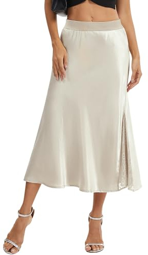 DGSHIRLDJO Falda Larga de satén para Mujer,Elegante,Corte A,Midi,Cintura Alta,Sedosa,para Bodas,Fiestas,Negocios