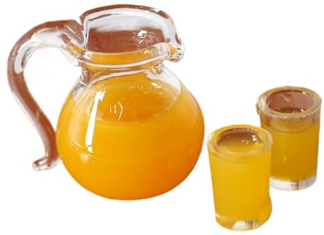 Juego de Cocina en Miniatura para casa de muñecas 1:12, Jarra de Zumo de Naranja con 2 Vasos de Cristal para la Escena de la Sala de Estar