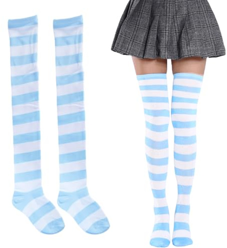 COYUN 1 Pares Calcetines Hasta la Rodilla, Femenino Rayas a rayas Muscos altos calcetines, sobre medias de rodilla, para Mujer Calcetines Largos Sobre la Rodilla Muslo Calcetines Altos, Azul y blanco