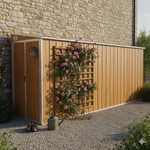 Wandmontiertes Gartenhaus Braun 118x382x178 cm Verzinkter Stahl, Holzunterstand Draußen In Holzoptik, Container Haus Zum Wohnen Für Gartengeräte Und Werkzeuge