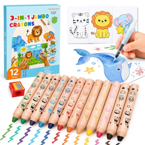 Shuttle Art 12 Colours 3-in-1 Jumbo Pencil Crayons for Toddlers | Washable Colouring Pencils for Kids, Non-toxic Crayon Set with Colouring Paper, Sharpener & Water Brush for Party Bag Fillers