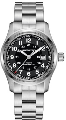 Hamilton Khaki Field Automatic Men's Watch, 42mm Stainless Steel Case, Swiss Made, Black Dial Analog Wrist Watch for Men, 100m Waterproof, Sapphire Crystal, 3-Hand Movement, Stainless Steel Strap