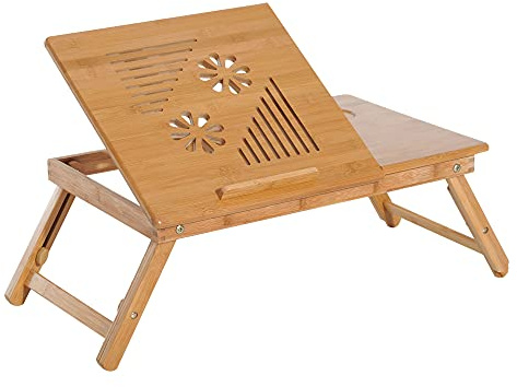 HOMCOM Tavolino da Letto per PC Portatile con Sistema di Raffreddamento in Bambù, 55x35x22-32.5cm