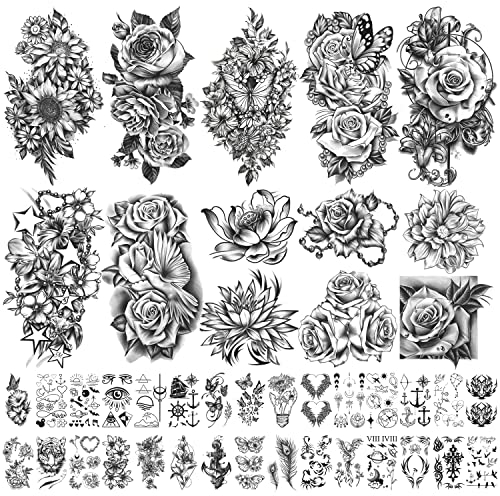 40 fogli Tatuaggi Temporanei impermeabili Fiori Rose Bufferly Tatuaggi finti Mix Style Duraturo Body Art Tattoo Stickers per donne o Ragazze