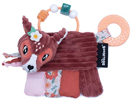 LES DEGLINGOS - Hochet d'Activités Melimelos la biche - Terracotta - Jouet d'éveil pour bébé avec anneau de dentition - Idée cadeau - Dès la naissance -17cm