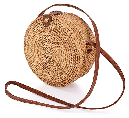 icyant Frauen Runde Rattan Tasche, Böhmisch Handgefertigt Rattan Tasche Kreis Stroh Tasche Modisch Handgewebte Tasche Sommer-Strandtasche Klassik Damen Umhängetasche Schick Umhängetasch