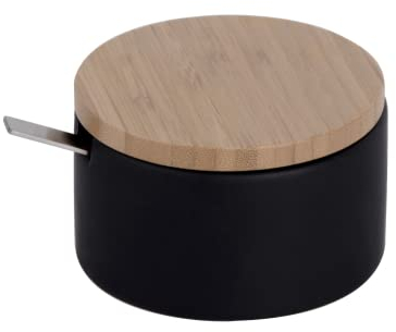 KOOK TIME boite a sucre, Sucrier pour la maison et la cuisine en céramique avec couvercle en bambou et cuillère en acier inoxydable, Couleur: Noir/Bambou