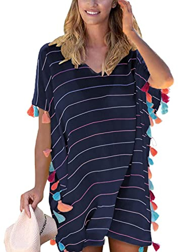 TBSCWYF Robe de Plage Femme Robe Chemise Ondulée col V Frange Kaftan Sortie de Plage Mousseline Femme Gland Maillot de Bain Paréo Sarong Longue