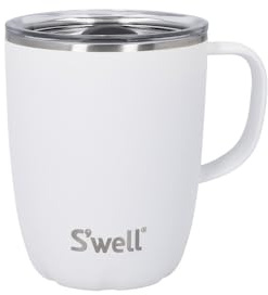 S'well Mug with Handle, Moonstone, 350ml. Vacuum Insulated Stainless Steel Travel Mug with Handle, On-The-Go Travel Cup with Slide-Open Lid - Dishwasher Safe, White