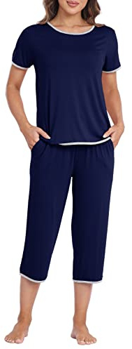 Ensemble Pyjama Femme Modal Court - Manche Courte et Pantalon Capri - Bleu Marine XL