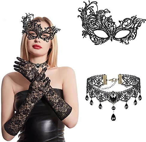 ASSUGO halloween steampunk damen zubehör 3 PCS, halloween kostüm damen armstulpen gothic netzhandschuhe, gothic schmuck Halskette, venezianische maske damen für Maskenball Karneval Maskerade