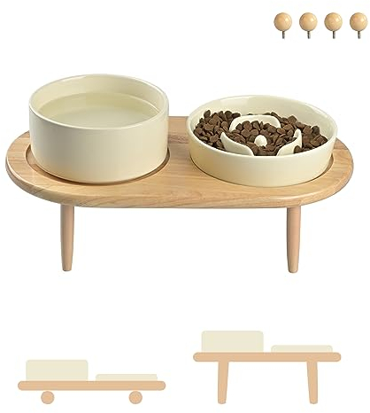 SPUNKYJUNKY Keramik Hundenapf Set Anti Schling Napf mit Bambus Ständer für Katzen und Hunde (Beige)