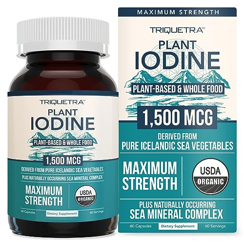 Organic Iodine Supplement – 1,500 mcg Iodine, Max Strength - from Sea Vegetable Complex, Whole Food & Raw Form – Contains Purest Icelandic Sea Kelp, Irish Moss & Bladderwrack (1500 mcg)