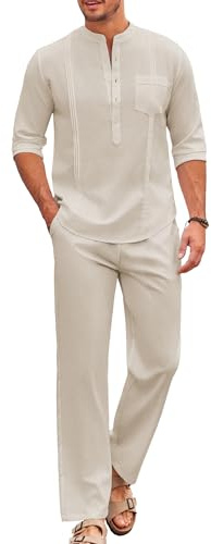 COOFANDY 2-teiliges Herren-Set, Baumwolle, lässig, langärmelig, kubanisches Henley-Shirt und lockere Hose, Strandurlaub-Outfits, Beige, Small