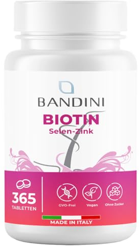 Bandini® Biotin, Selen und Zink | 365 vegane Tabletten | Für Haar-, Bart-, Haut- und Nagelwachstum | Vitamin H für Frauen und Männer | Hochdosiert, GMO-frei | 1 Tablette/Tag für einen Jahresvorrat